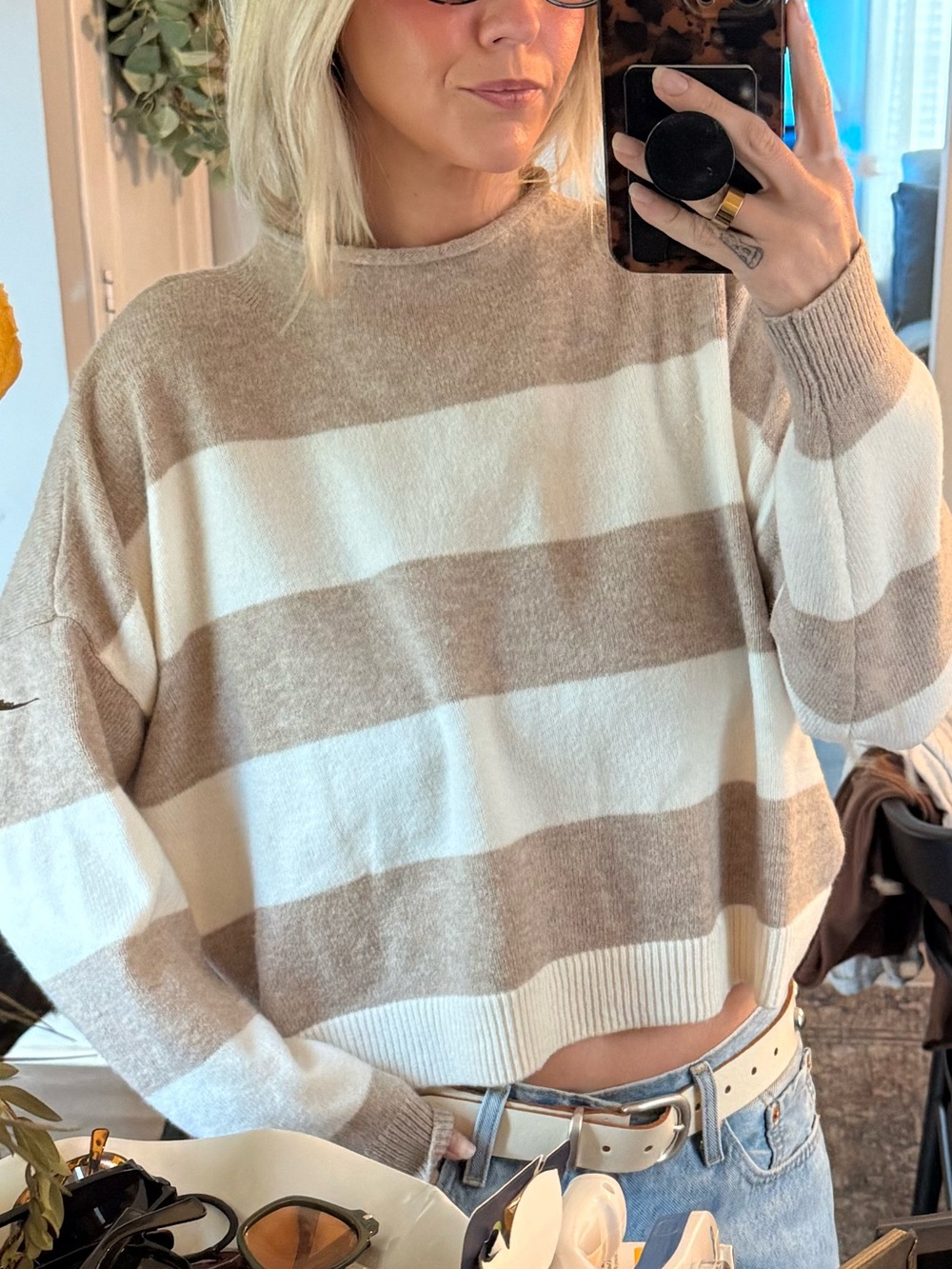 Sonoma Striped Cowlneck Sweater - Cream and Tan
